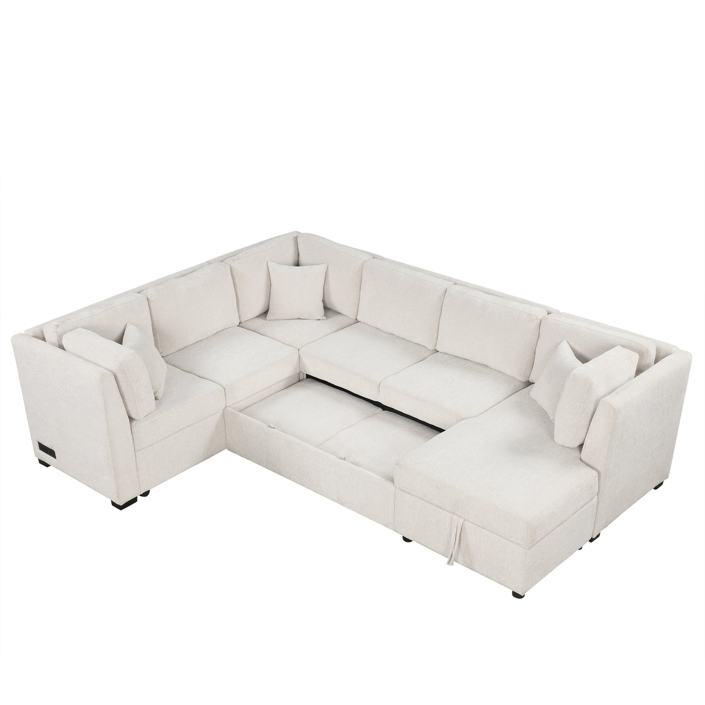 108.6" U-shaped Sectional Sofa Pull out Sofa Bed with Two USB Ports, Two Power Sockets, Three Back Pillows and a Storage Chaise for Living Room, Beige