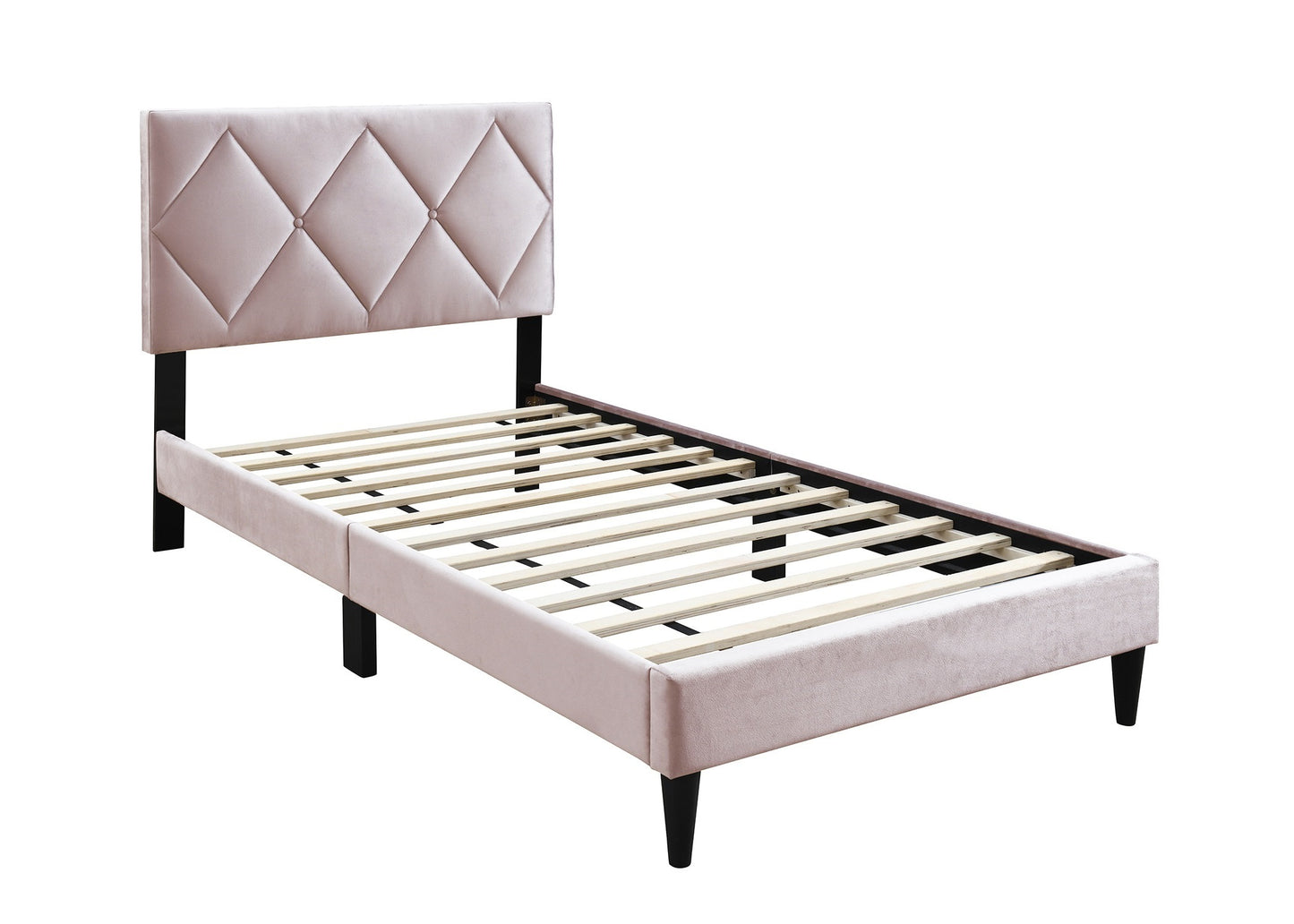 Twin Size Bed w Adjustable Headboard 1pc Bedframe, Light Pink Velvet Upholstered Youth Bedroom Furniture