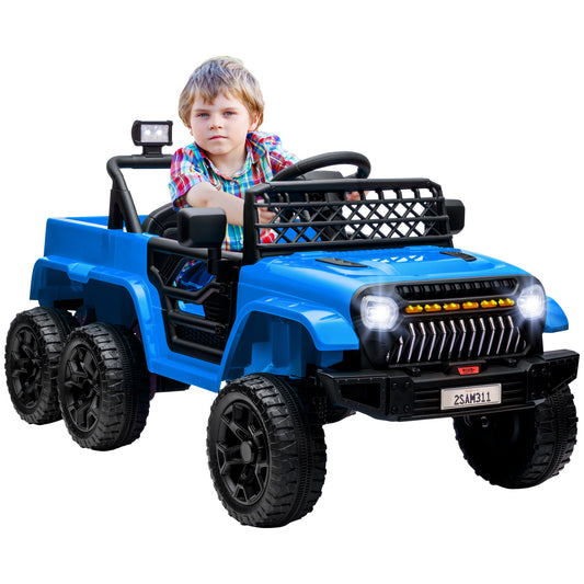 Qaba 12V 4x4 Kids Ride on Truck with Back Trailer,  2WD/4WD Switchable Kids Electric Car with Parent Remote Control, Spring Suspension System, Soft Start, Music, LED Light, Horn, Light Blue