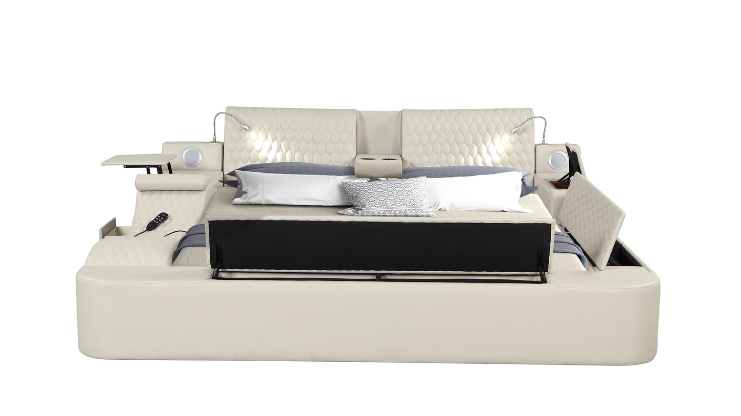 Smart Multifunctional Queen Size Bed Made with Wood in Beige