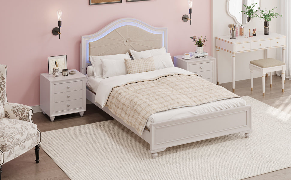 Modern Queen Size Wood Bed with Hidden LED Light Upholstered Curved Headboard, No Box Spring Needed, Cream Grey