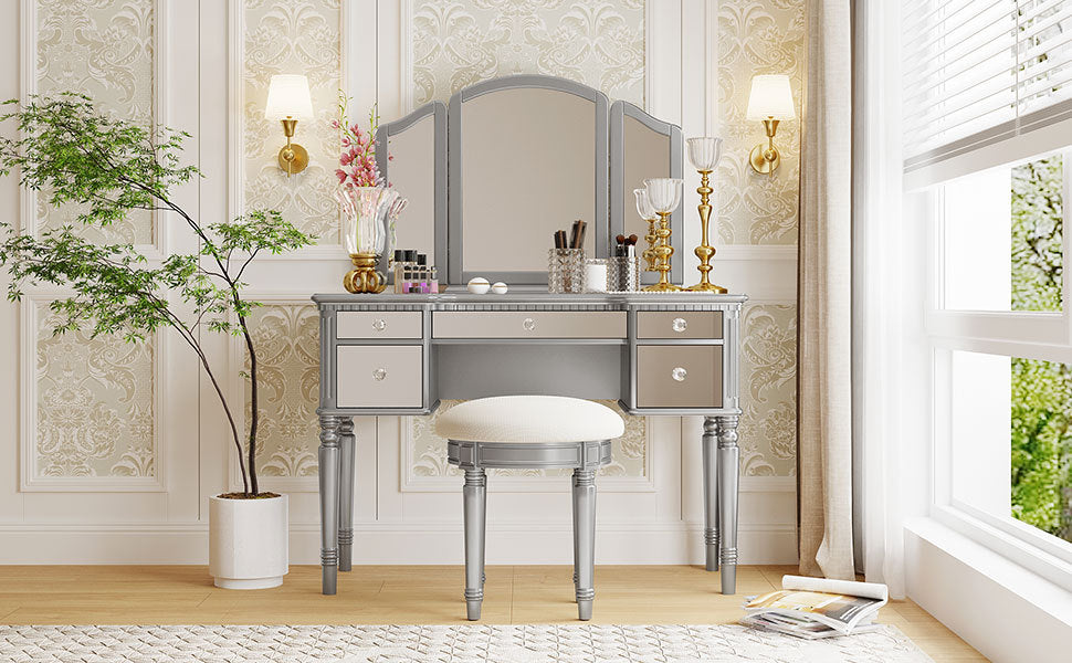 GO 43" Dressing Table Set with Mirrored Drawers and Stool, Tri-fold Mirror, Makeup Vanity Set for Bedroom, Silver