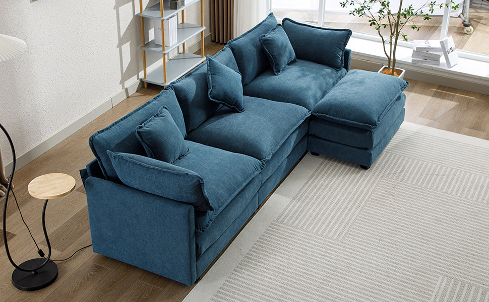 112.2" L-Shape Chenille Upholstered Sofa for Living Room Modern Luxury Sofa Couch with Ottoman, 5 Pillows, Blue