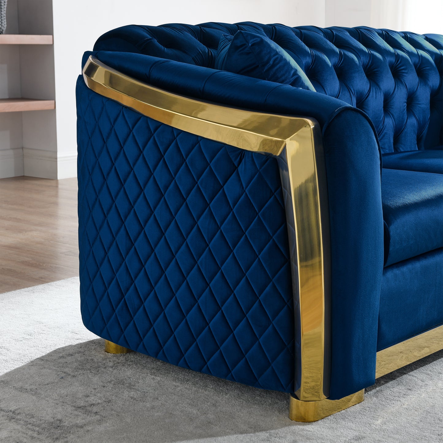 Velvet Luxury Chesterfield Sofa Set, 84 Inches Tufted 3 Seat Couch with Gold Stainless for Living Room, Navy Blue Fabric