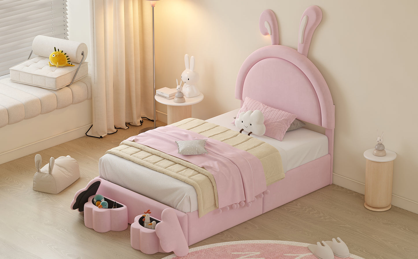 Twin size Upholstered Rabbit-Shape Bed with 2 Storage Stools, Velvet Platform Bed with Cartoon Ears Shaped Headboard, Pink