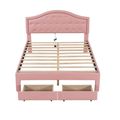 Queen Size Upholstered Platform Bed with Tufted Headboard, LED and 2 Drawers, Pink