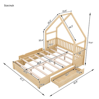 Wood Queen Size House Platform Bed with Guardrail and 2 Drawers, Natural