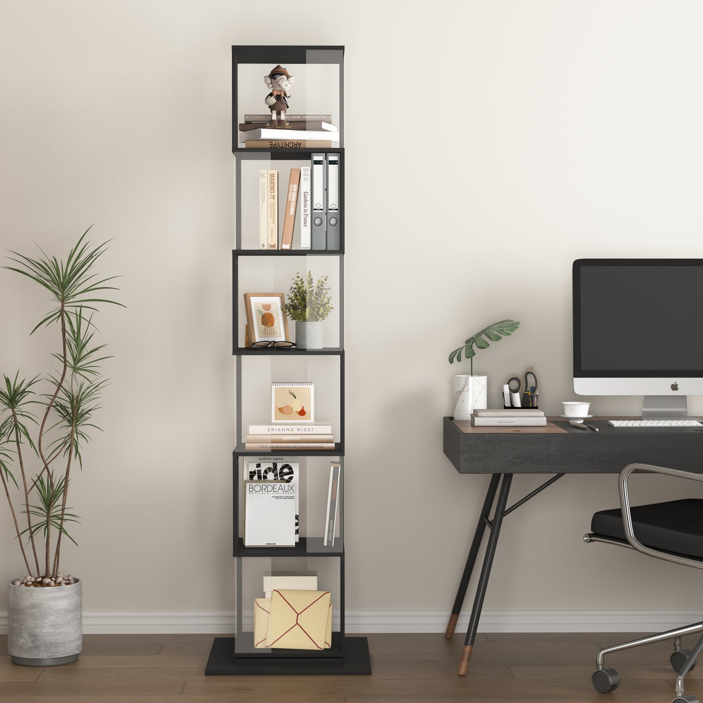 6 tier Rotating Bookshelf, Floor Rack Simple Bookcase  with Acrylic plate Student Multi-Function Creative Bookshelf for Living Room with anti-toppling base