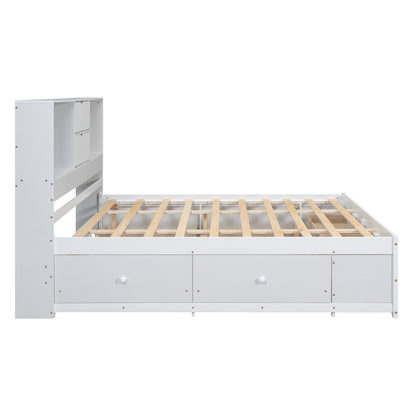 King Size Platform Bed with Storage Headboard and 8 Drawers, White