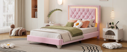 Twin Size Upholstered Bed Frame with LED Lights,Modern Velvet Platform Bed with Tufted Headboard,Pink