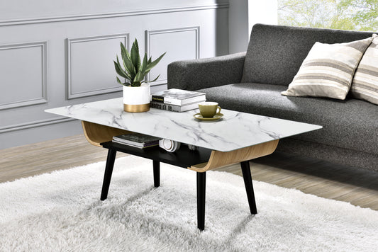 Landon 47' Coffee Table with Glass White Marble Texture Top and Bent Wood Design