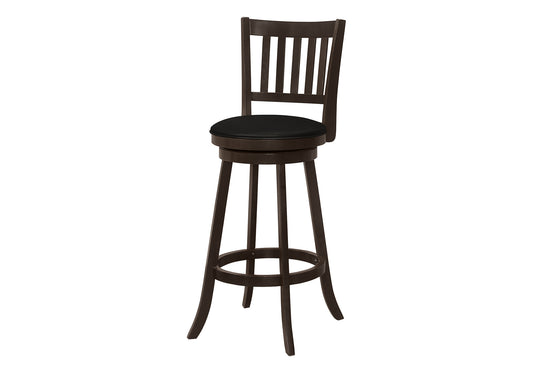 Bar Stool, Set Of 2, Swivel, Bar Height, Brown Wood, Black Leather Look, Transitional