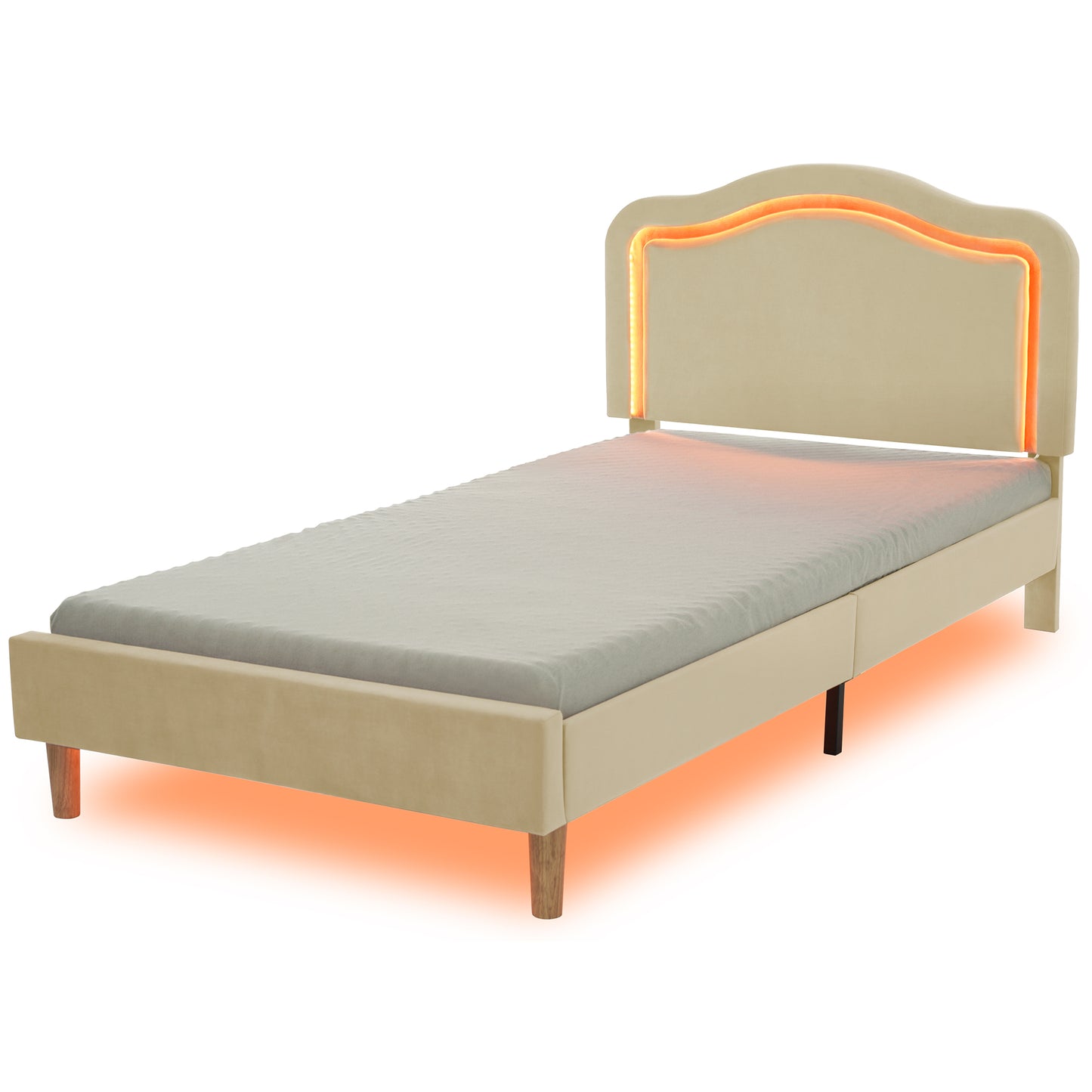 Twin Size Velvet Upholstered Smart LED Bed Frame with Adjustable Height Headboard,No Box Spring Needed,Easy Assembly,Beige