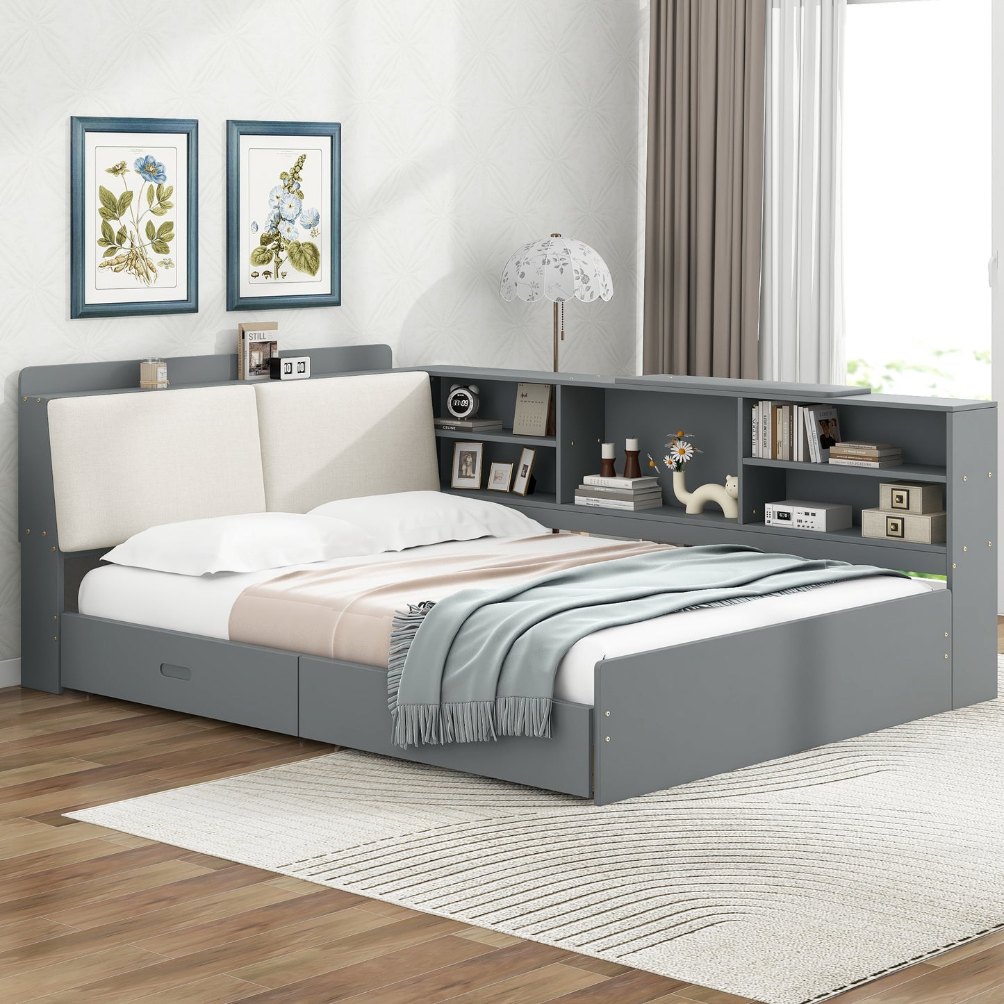 Wood Full Size platform bed with Storage Headboard, Shelves and 2 Drawers, Gray