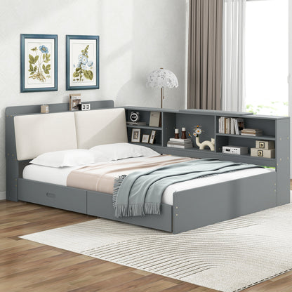 Wood Full Size platform bed with Storage Headboard, Shelves and 2 Drawers, Gray