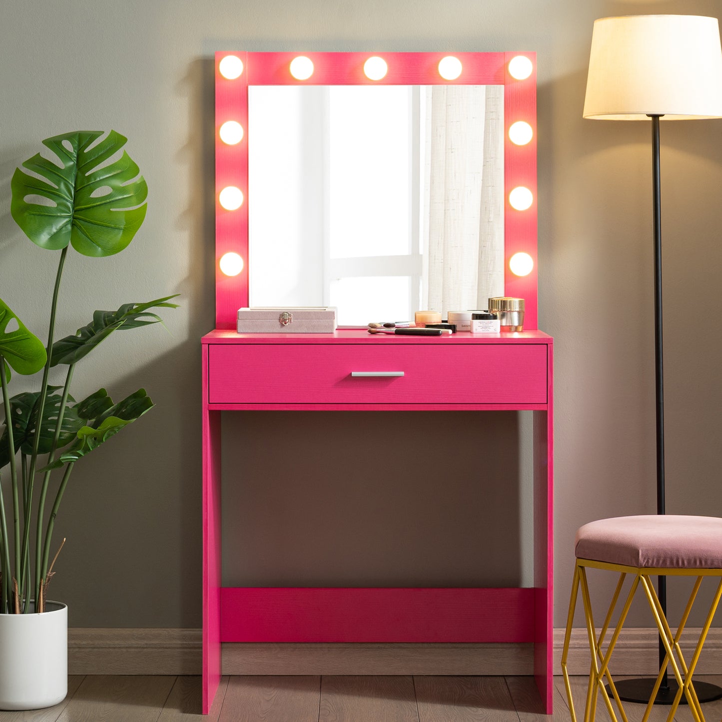 Vanity Desk with Mirror and Lights, Dressing Table with Large Drawer, 1 Level Storage Dresser & 3 Lighting Modes Adjustable Brightness, Suitable for Bedroom(Pink)