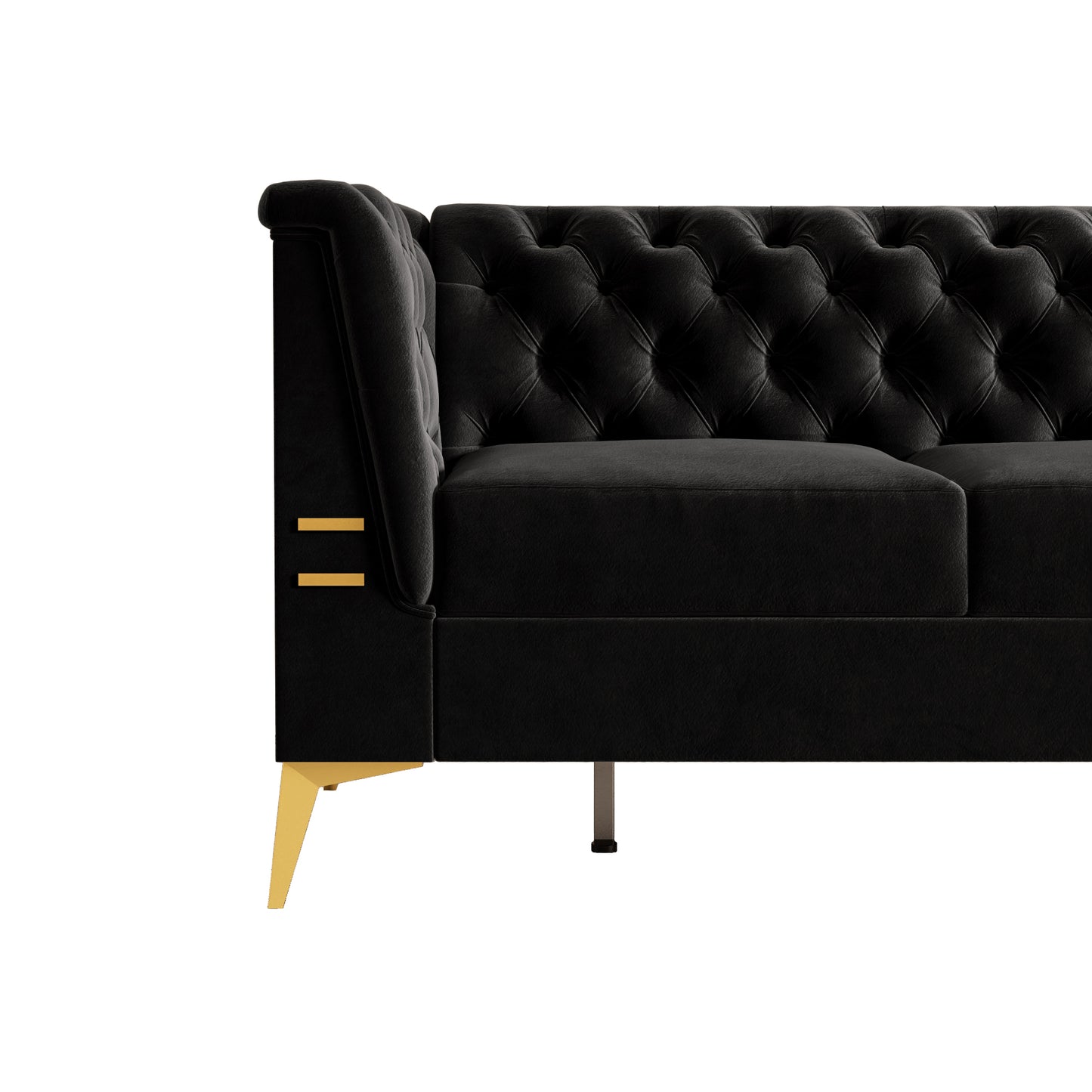 FX-P83-BK2(SOFA) Luxurious Black Velvet Sofa with Gold Legs - Modern Chesterfield Design, Tufted Upholstery, 3-Seat Couch for Living Room and Office