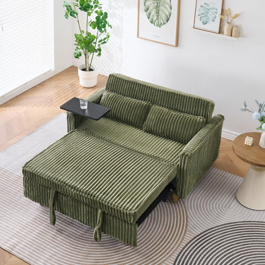 The pull-out and push-in green corduroy sofa with dual functions, equipped with a movable tabletop and USB ports, is suitable for use in living rooms and bedrooms.