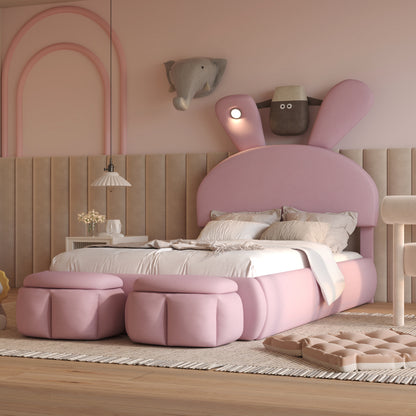 Twin Size Upholstered Platform Bed with Cartoon Ears Shaped Headboard and Light, Pink