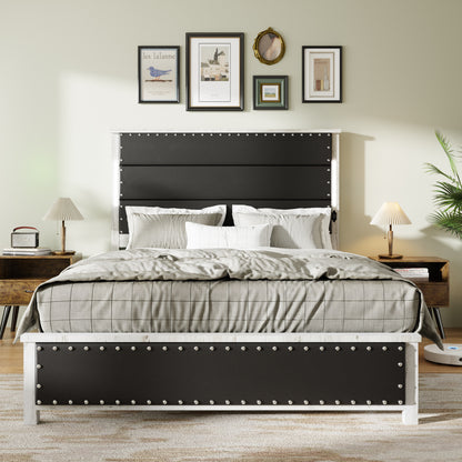 Queen Size Bed Frame with Upholstered Headboard, Queen Bed Frame with Charging Station and LED Lights, Wood Slats, Dark Gray Faux Leather & Rivets,  No Box Spring Needed, Easy Assembly