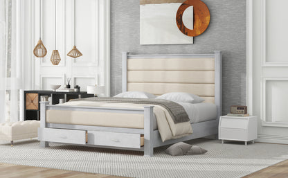 Queen Size Wood Frame Platform Bed with Upholstered Headboard, Footboard and 2 Drawers, Antique White