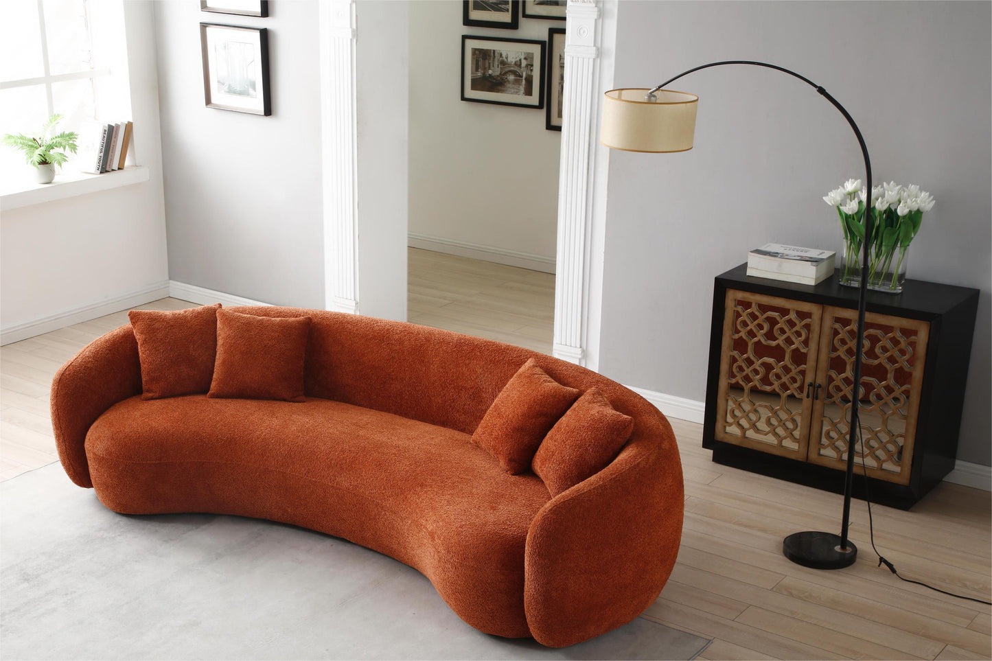 102'' 5-Seater Boucle Sofa Modern Sectional Half Moon Leisure Couch Curved Sofa Teddy Fleece Orange