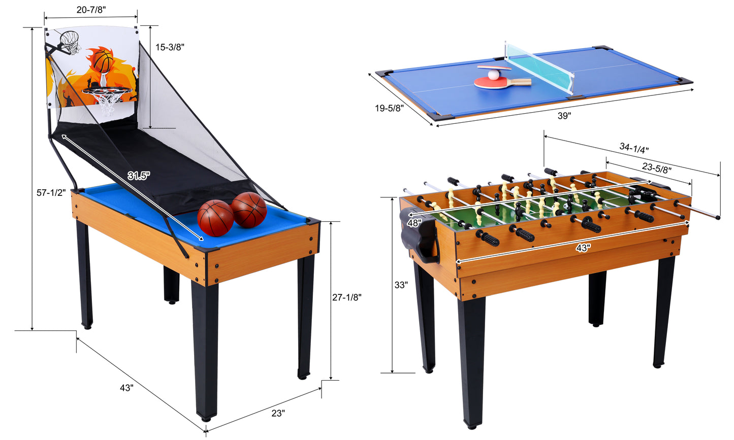 5-in-1 Multi-Game Table - Billiards, Push Hockey, Foosball, Ping Pong, and Basketball  brown /blue