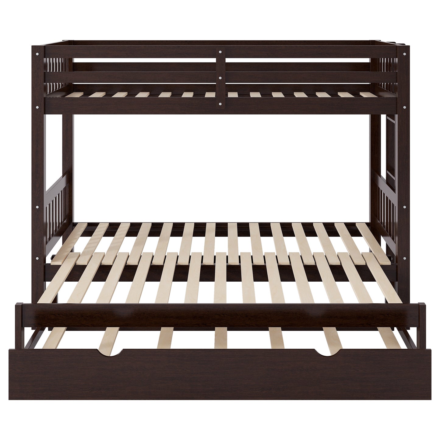 Twin Over Pull-out Bunk Bed with Trundle in Espresso, Pine Wood and MDF, 78.9''L x 116''W x 59.6''H