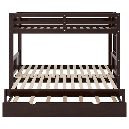 Twin Over Pull-out Bunk Bed with Trundle in Espresso, Pine Wood and MDF, 78.9''L x 116''W x 59.6''H
