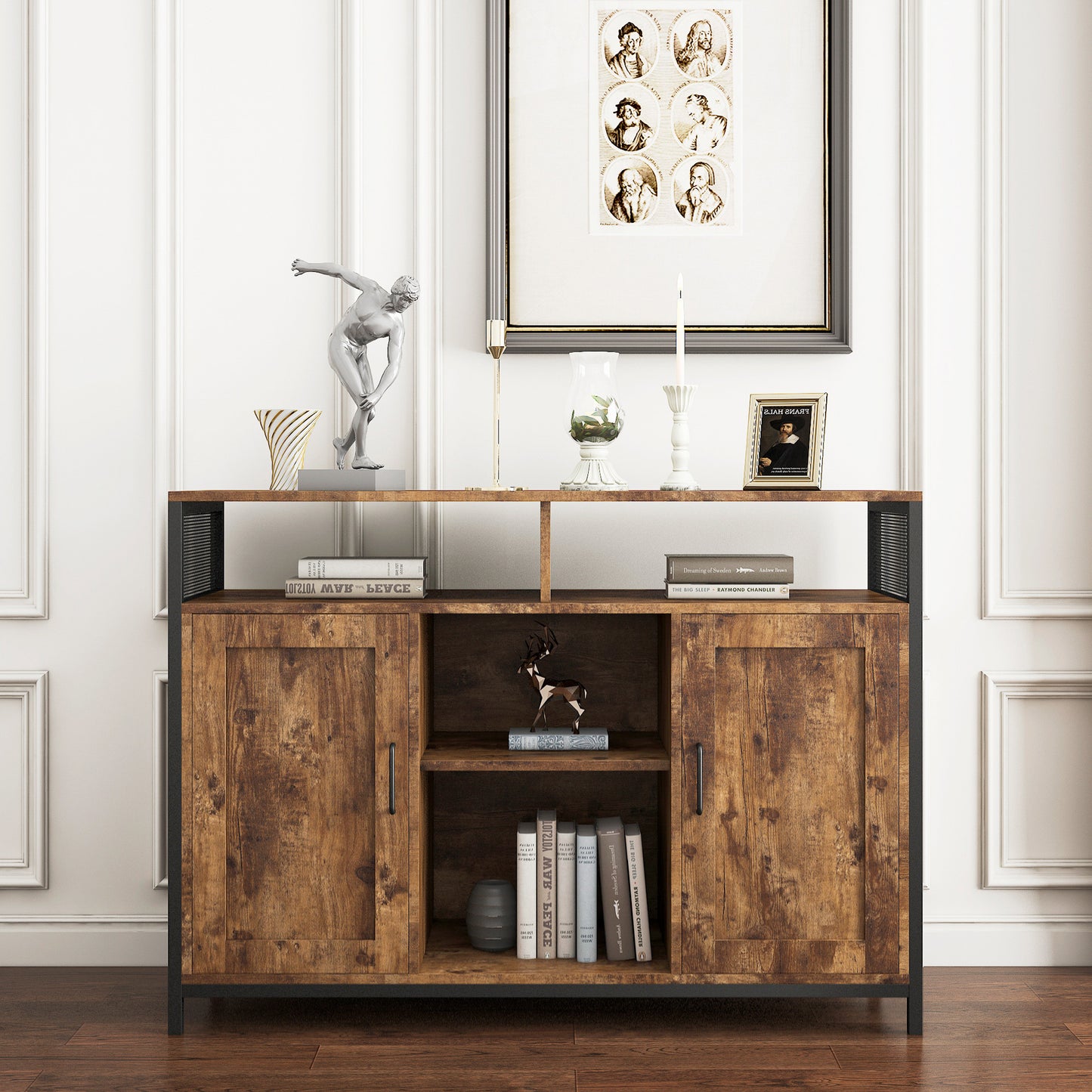 Sideboard, storage cabinet with open shelves for kitchen dining room living room, industrial style, Rustic Brown, 43.7x15.74x31.5Inches