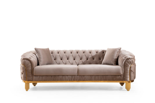 Modern Style Button Tufted Sofa Made of Wood and Gold Coated Metal Legs in Taupe Color