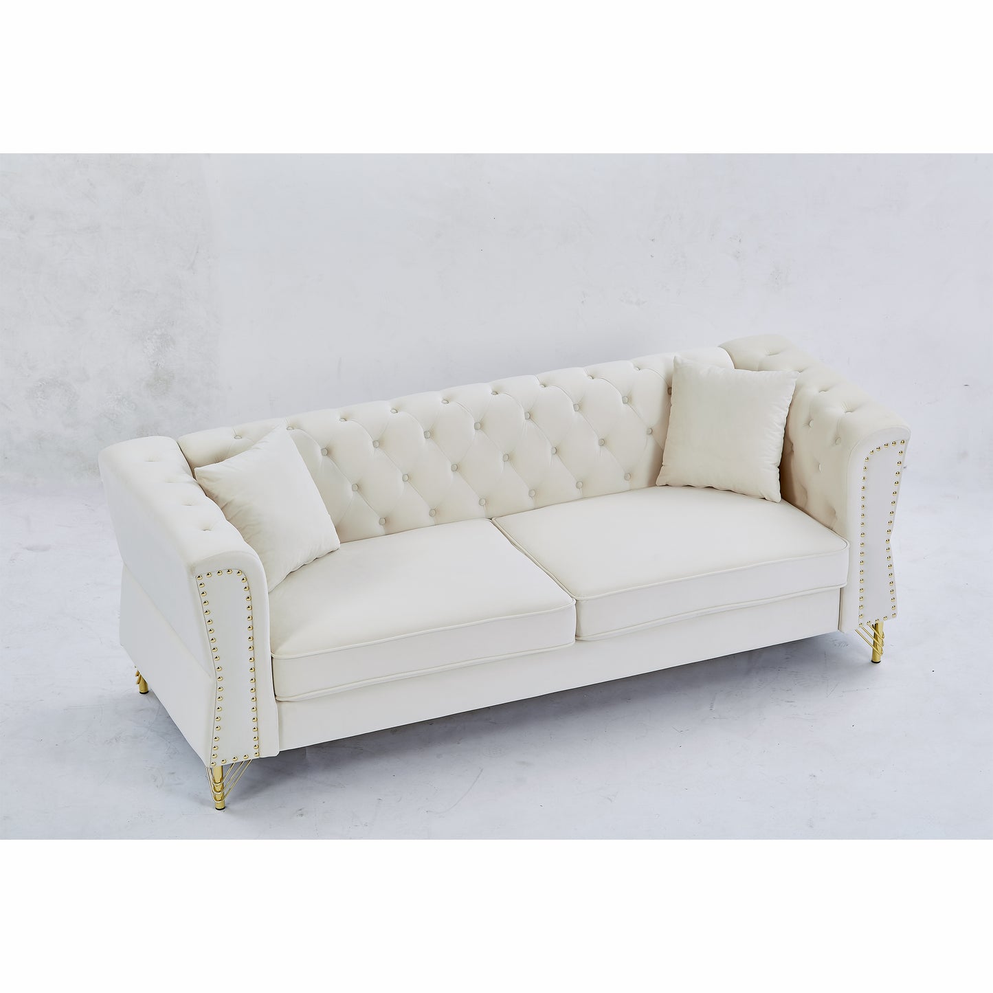 81.8" Chesterfield Sofa Grey Velvet for Living Room, 3 Seater Sofa Tufted Couch with metal foot and Nailhead for Living Room, Bedroom, Office, Apartment, two pillows