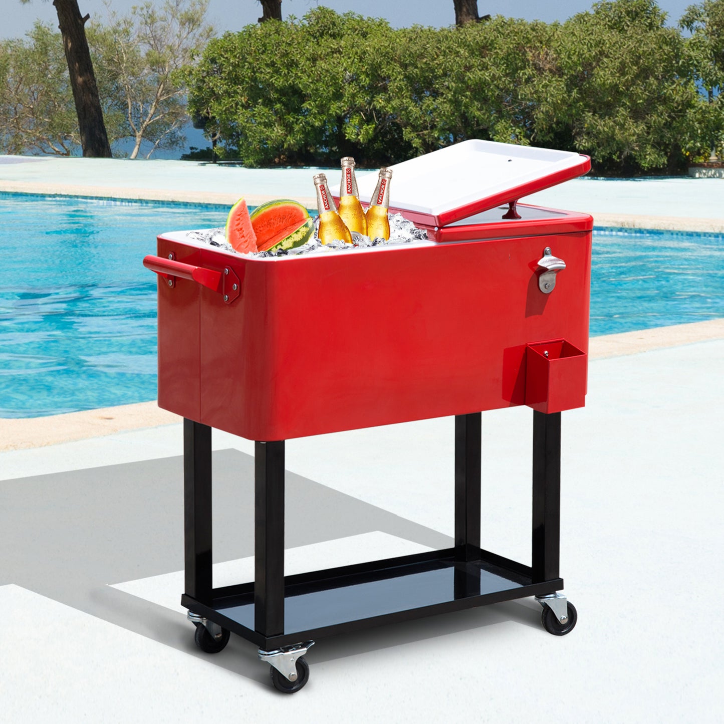 Outsunny 80 QT Rolling Cooling Bins Ice Chest on Wheels Outdoor Stand Up Drink Cooler Cart for Party, Red