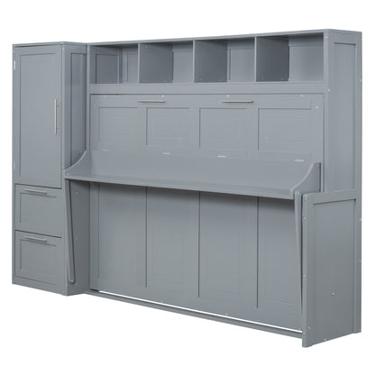 Queen Size Murphy Bed Wall Bed with Closet and Drawers,Gray