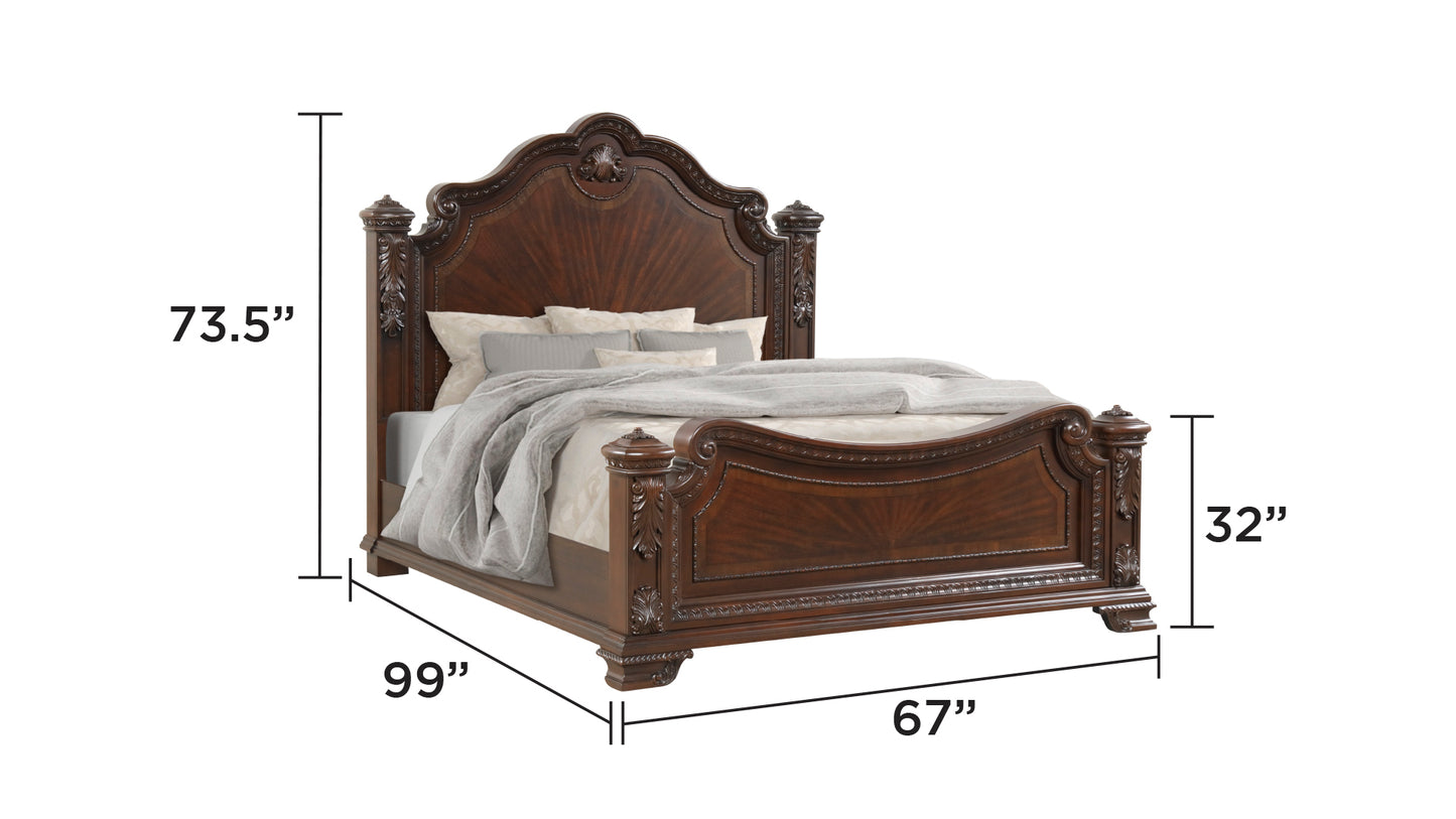 Traditional Style Queen Bed With Intricate Wood Carvings Made with Wood in Walnut