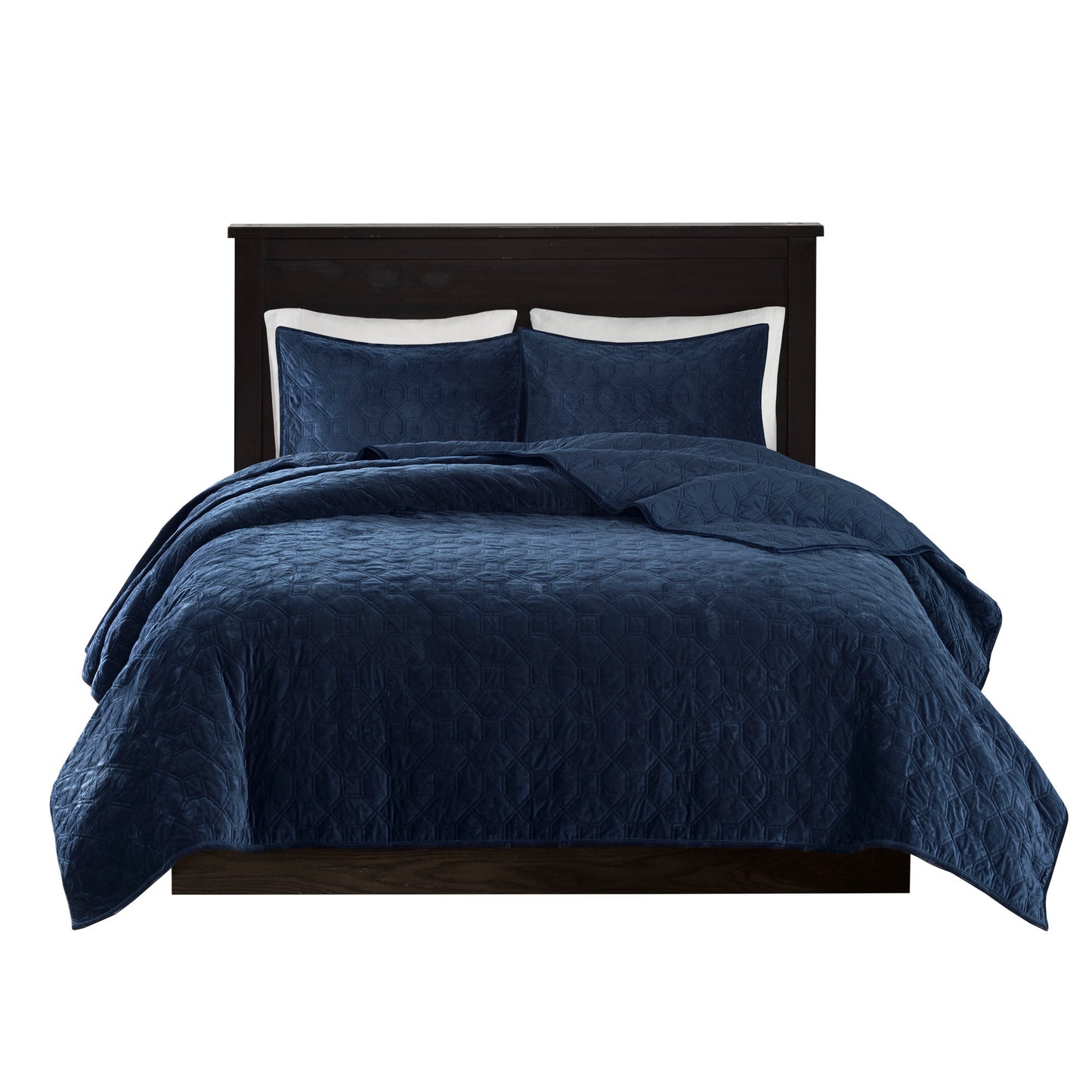 3 Piece Velvet Quilt Set Navy King/Cal King