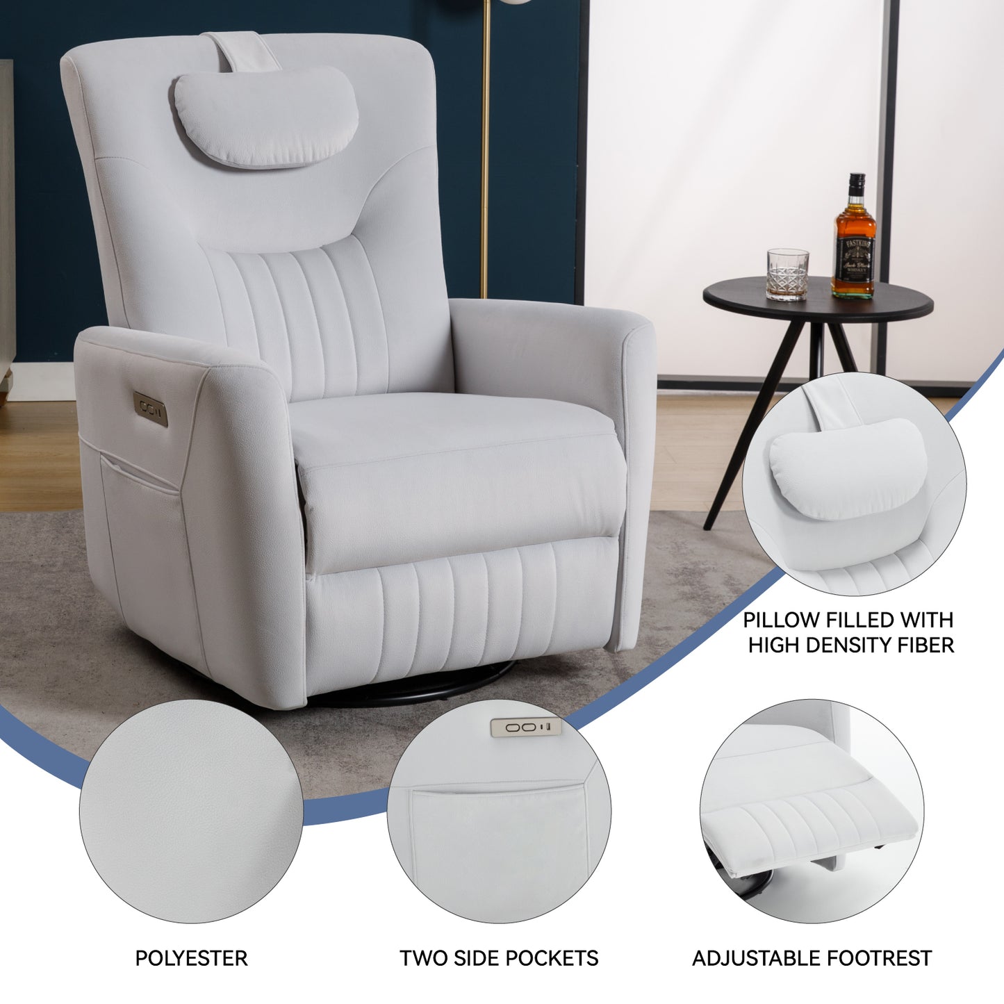 Beige Swivel and Rocker Power Recliner Chair with Lumbar and Neck Support Pillow, Heavy Duty Motion Mechanism with USB and Type-C Ports