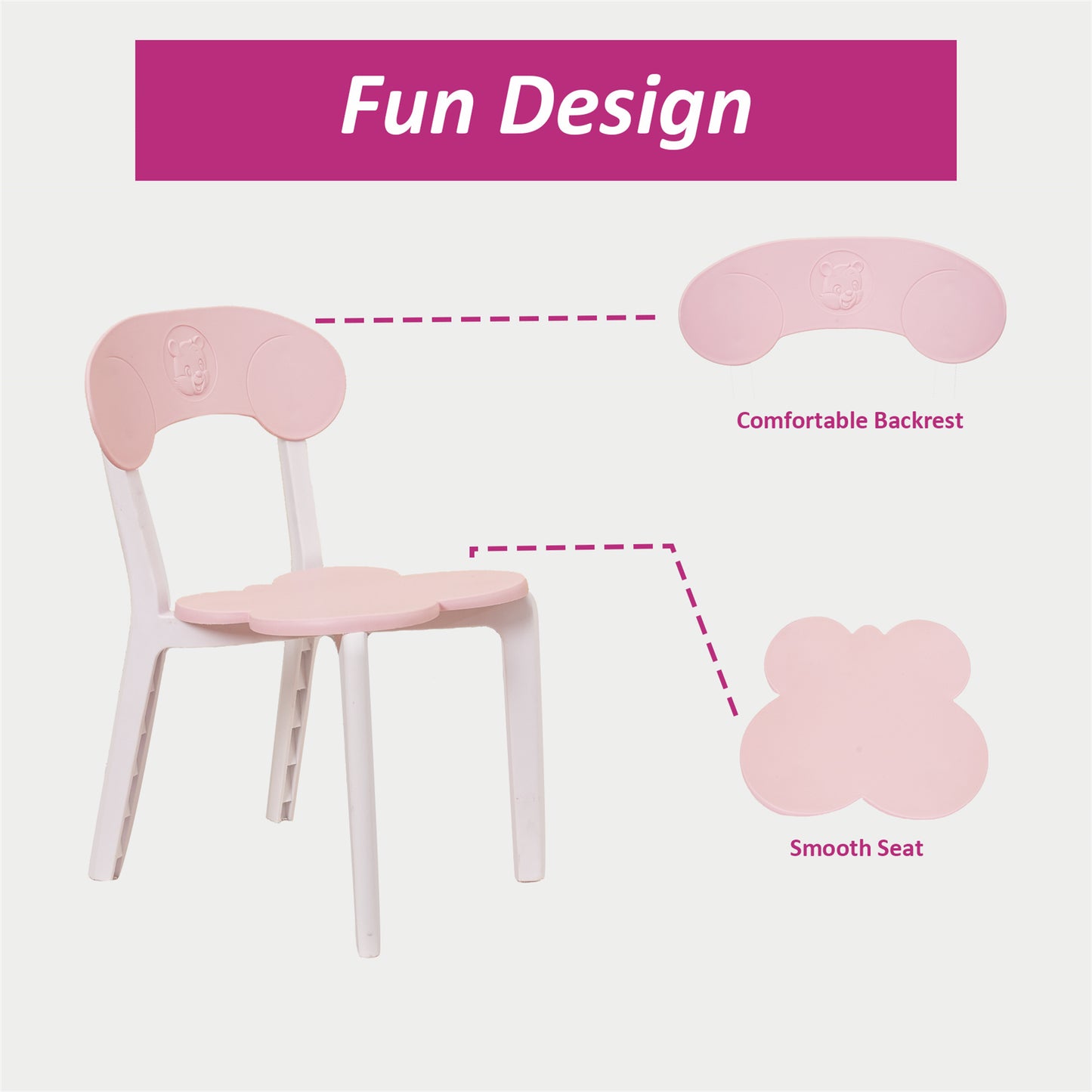 Kids Table and Chair Set, 3 Piece Toddler Table and Chair Set, Plastic Children Activity Tablefor Reading,Preschool,Drawing,Toddler,Playroom(White/Pink)