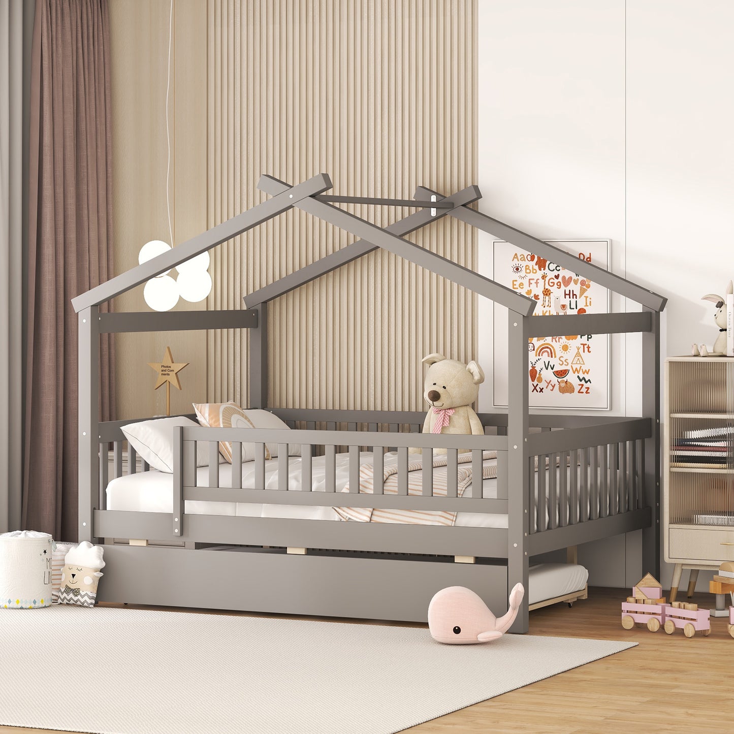 Full Size Wooden House Bed with Twin Size Trundle, Gray