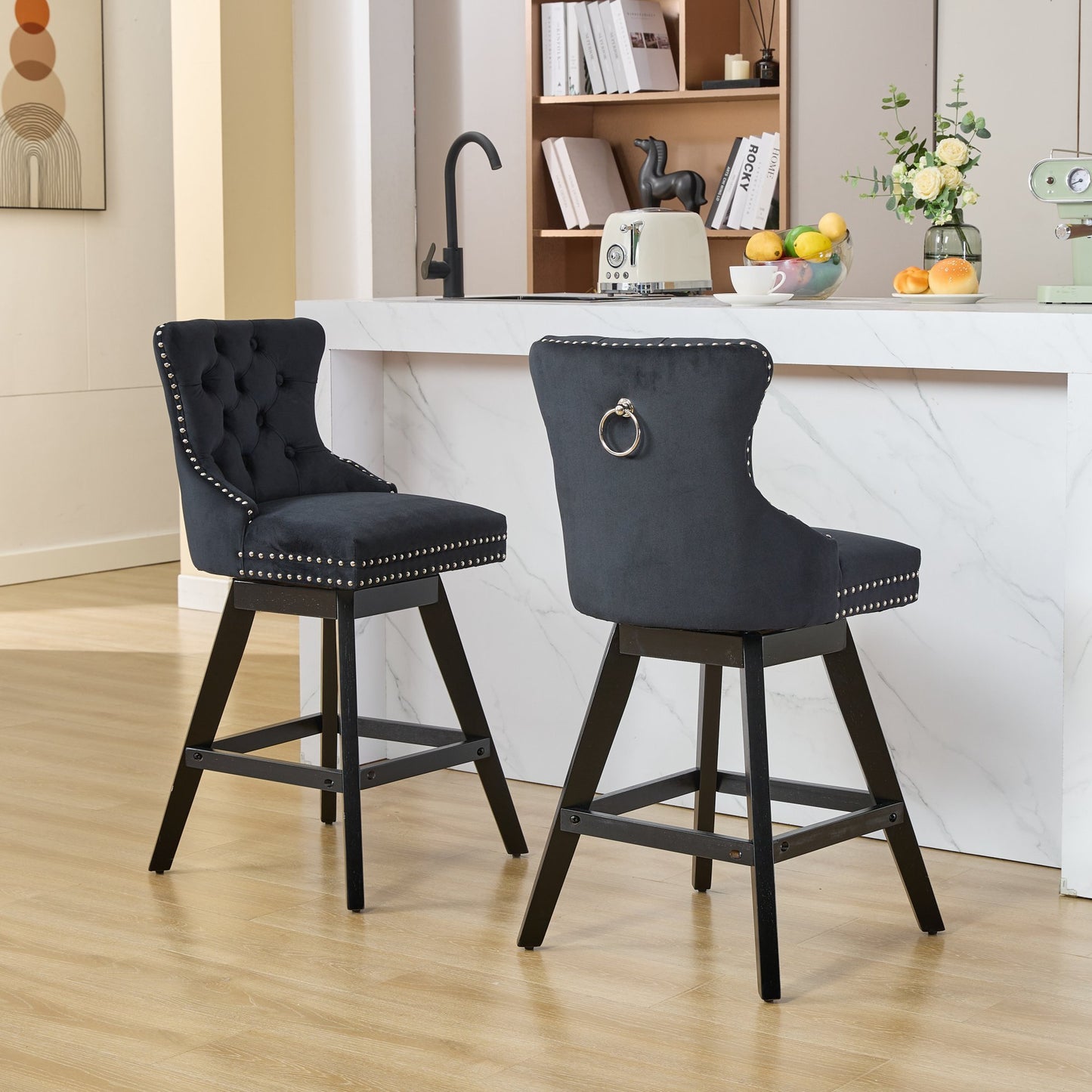 Swivel Velvet Barstools with Button Tufted Decoration and Wooden Legs, and Chrome Nailhead Trim, Leisure Style Bar Chairs,Bar stools, Set of 2 (Black),SW1860BK