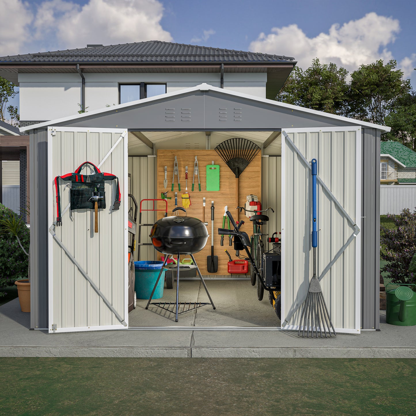 10 x 10 FT Outdoor Storage Shed, Large Metal Tool Sheds with Updated Frame Structure and Lockable Doors, Garden Shed for Backyard Garden Patio Lawn, Grey