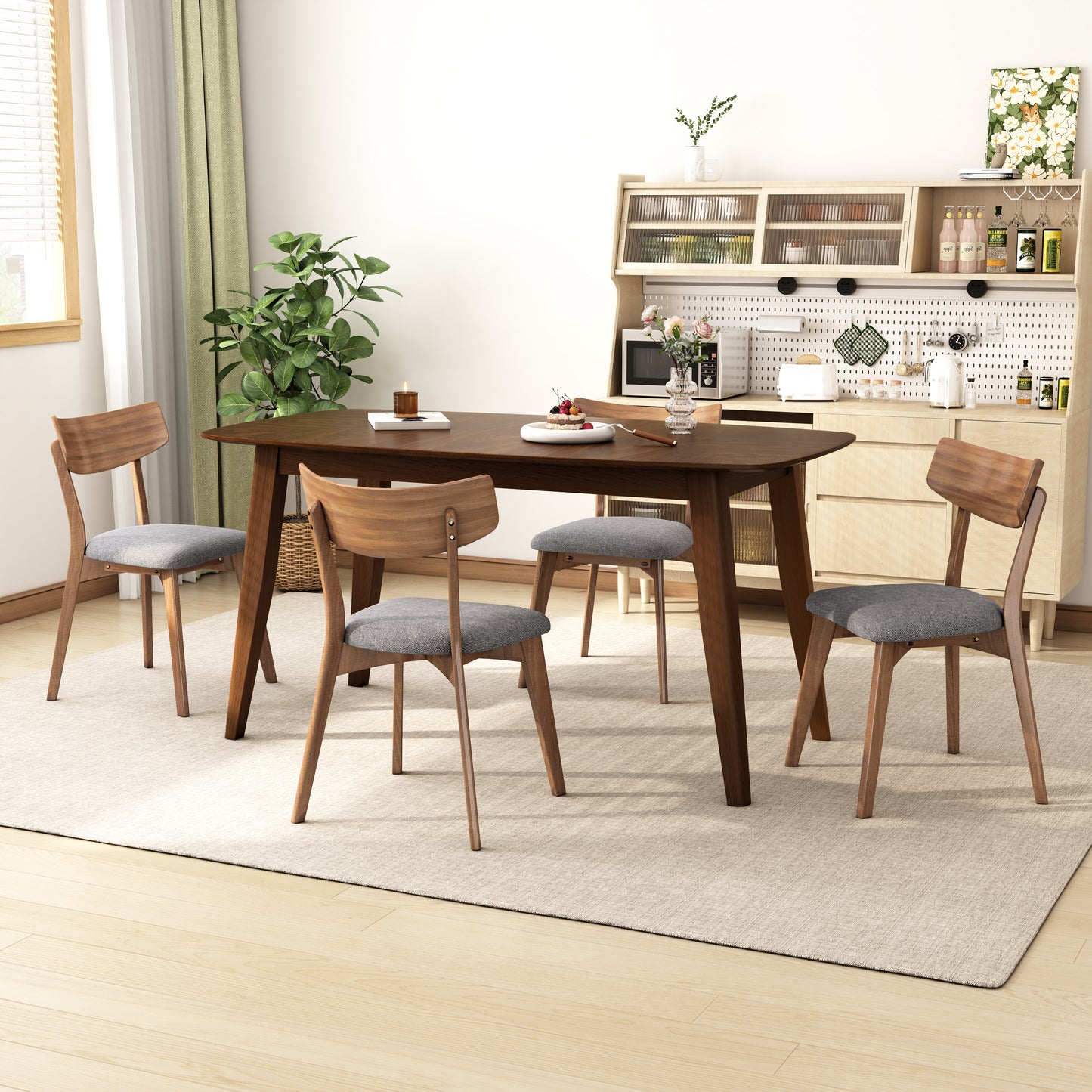 5 - Piece Dining Set,Mid-Century Walnut Finished Frame Upholstered Dining Chairs (Set of 4) (Dark Grey) +Wood Dining Table (Walnut)