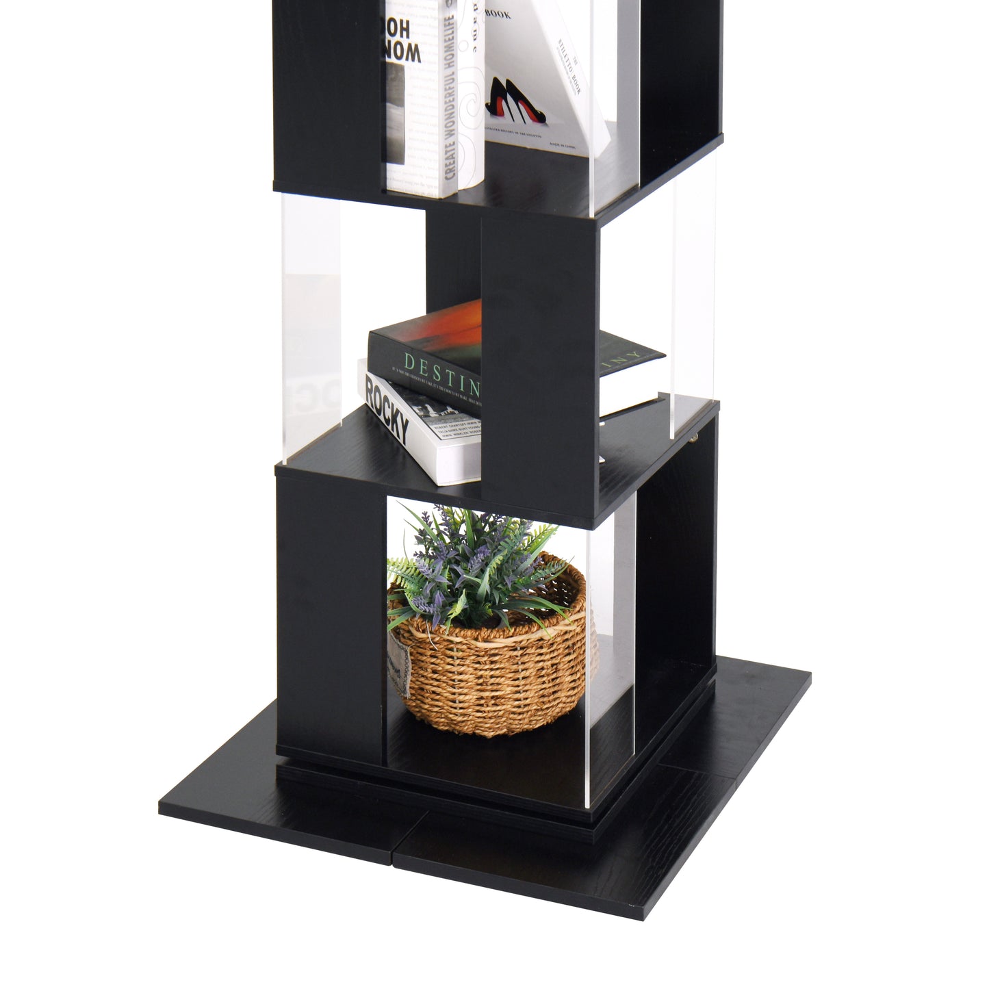 6 tier Rotating Bookshelf, Floor Rack Simple Bookcase  with Acrylic plate Student Multi-Function Creative Bookshelf for Living Room with anti-toppling base