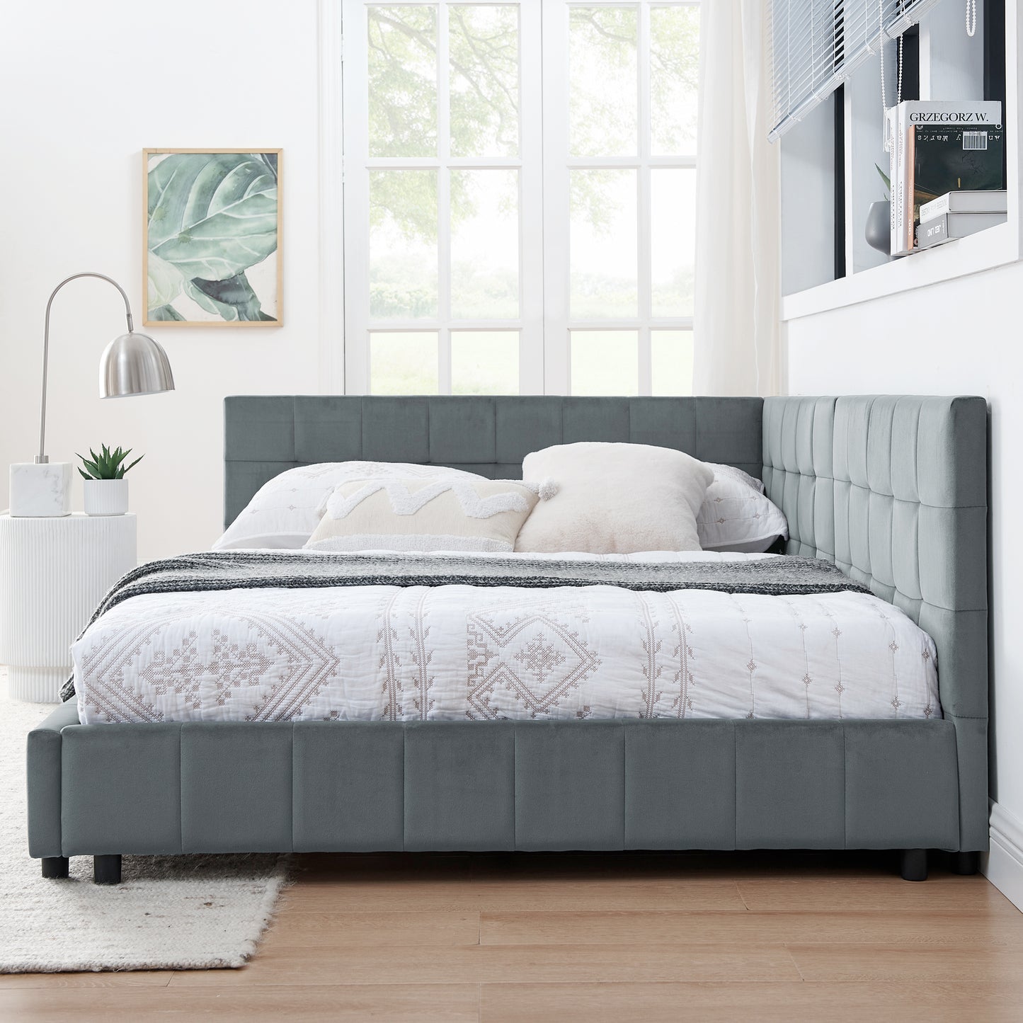 Full Size Upholstered Tufted Bed Frame, Sofa Bed Frame with Comfortable Backrest and Armrests, Full Size Bed for Bedroom, Living Room,Velvet, Grey(80.5''*59''*30.5'')