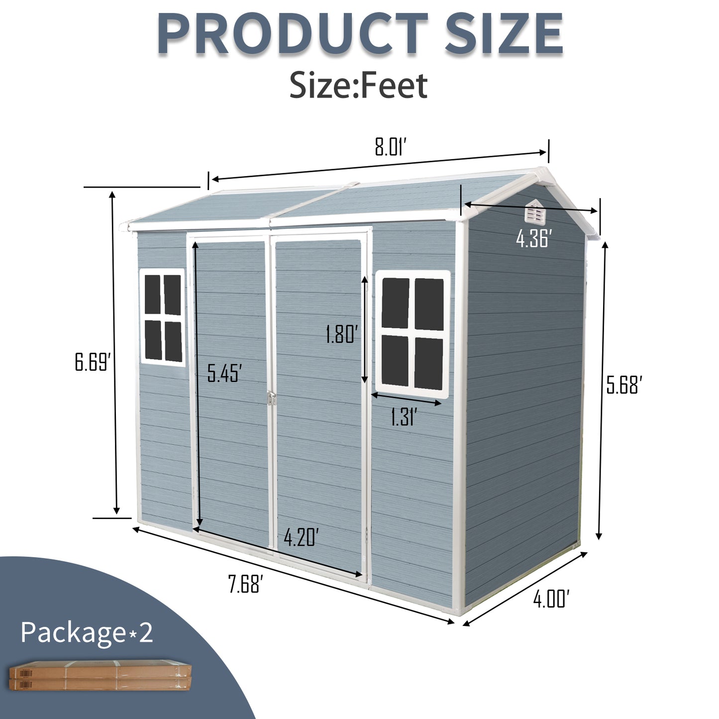 8x4ft Resin Outdoor Storage Shed with Two-Window and Double-Door,Plastic Shed with Floor for Gargen,Patio,Yard,Lawn,Grey