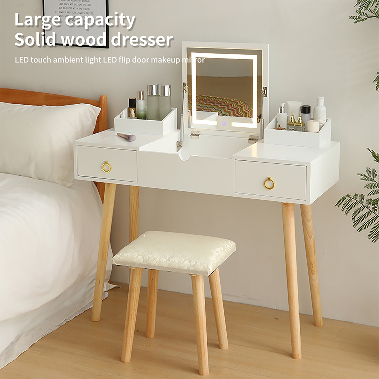 Vanity Desk Set with LED Lighted Mirror & Power Outlet, Flip Top Makeup Vanity Table with Drawers & Cabinet, for Bedroom, Bathroom,