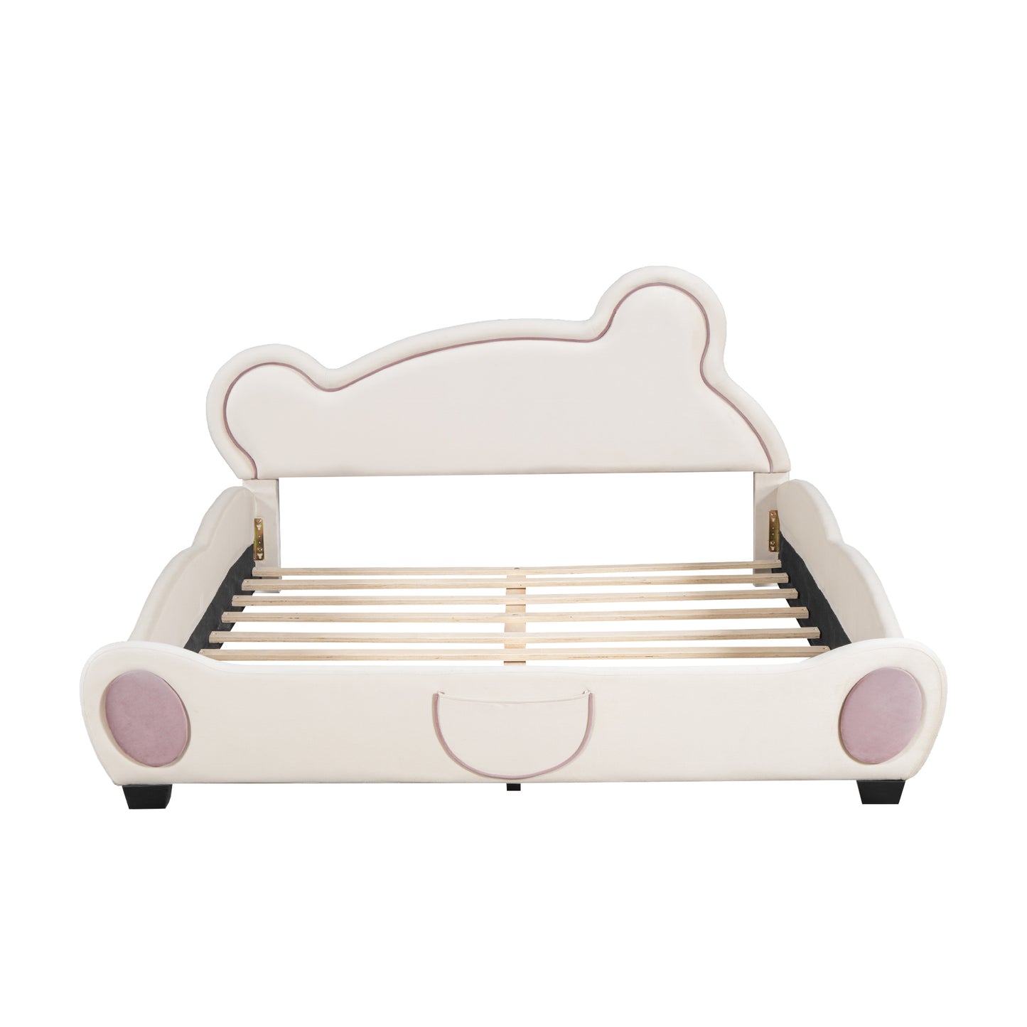 Queen Size Velvet Platform Bed with Bear-Shaped Headboard, with Bed-End Storage Pocket, Beige