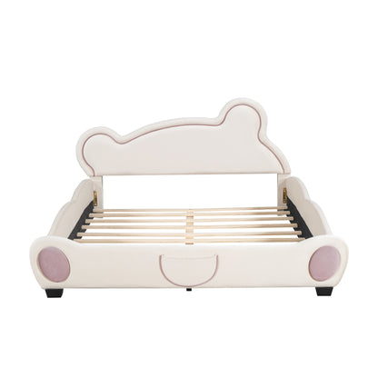 Queen Size Velvet Platform Bed with Bear-Shaped Headboard, with Bed-End Storage Pocket, Beige