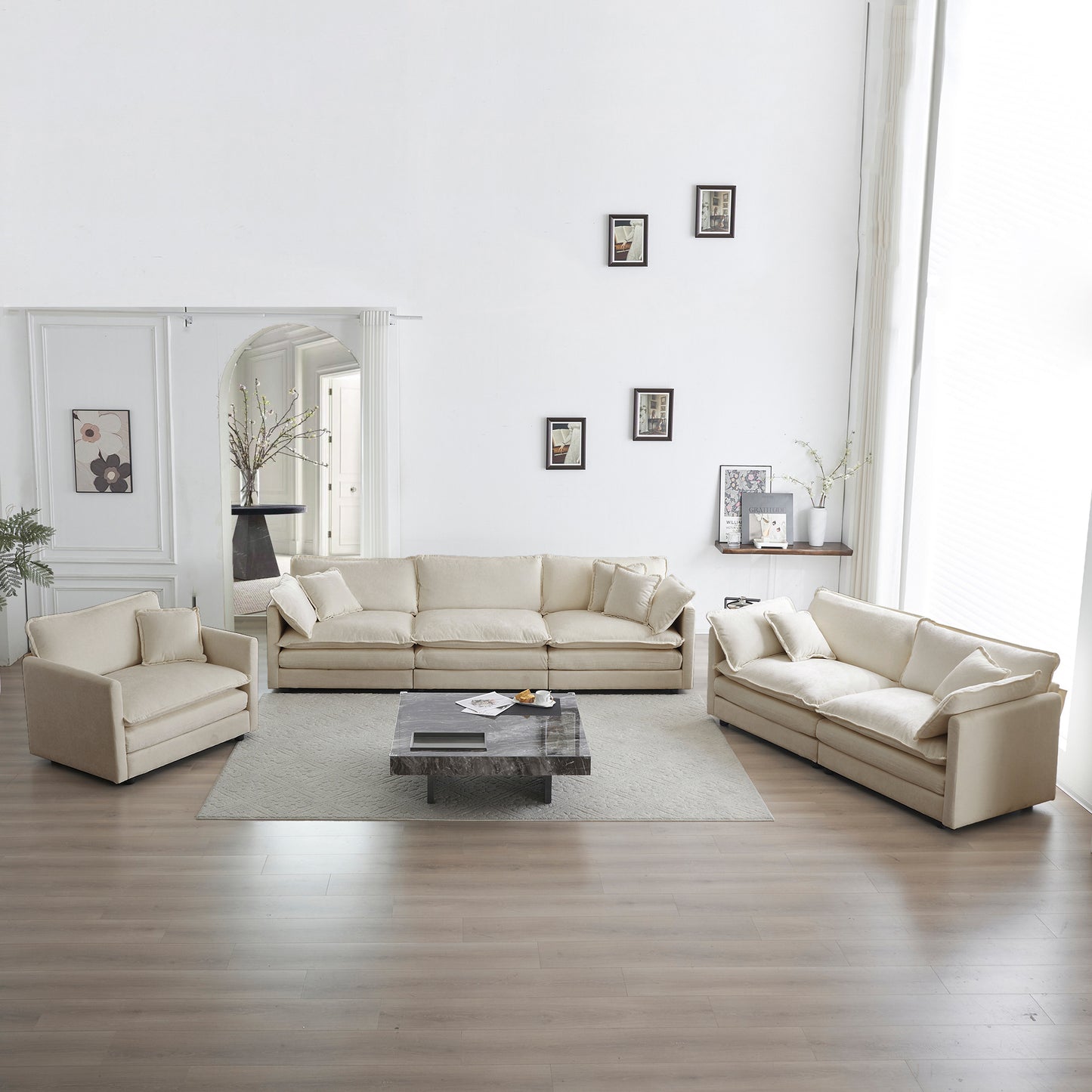 Modern Sofa Couch, 3 Piece Set Extra Deep Seat Sectional Sofa for Living Room, Oversized Sofa, 3 Seat Sofa, Loveseat and Single Sofa, Beige Chenille