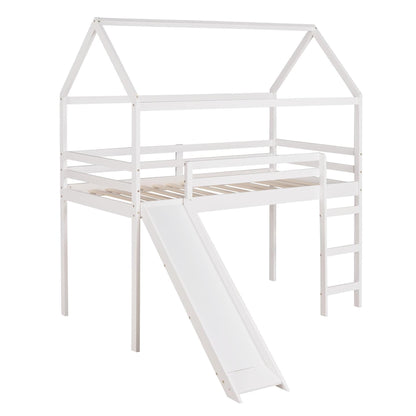 Twin Loft Bed with Slide, House Bed with Slide,White(OLD SKU :WF286245AAK)